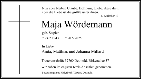Anzeige  Maja Wördemann  Lippische Landes-Zeitung