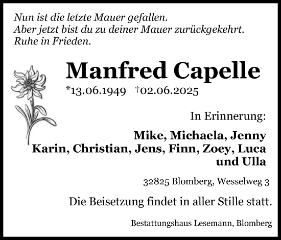 Anzeige  Manfred Capelle  Lippische Landes-Zeitung
