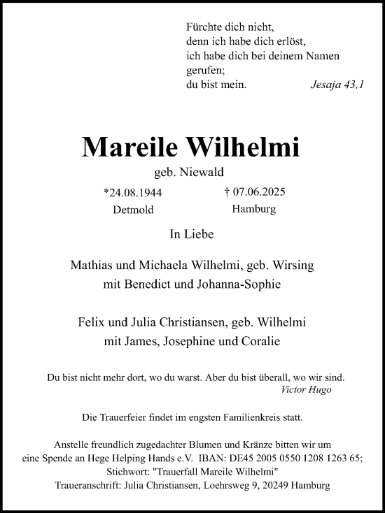 Anzeige  Mareile Wilhelmi  Lippische Landes-Zeitung