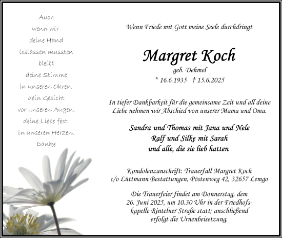 Anzeige  Margret Koch  Lippische Landes-Zeitung