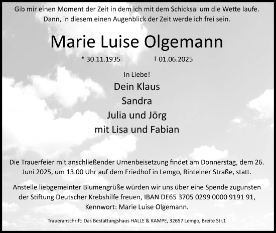 Anzeige  Marie Luise Olgemann  Lippische Landes-Zeitung