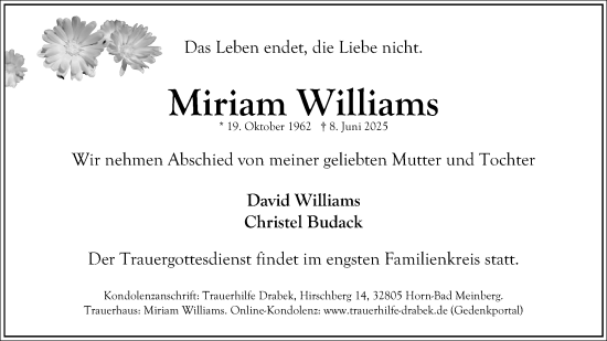 Anzeige  Miriam Williams  Lippische Landes-Zeitung