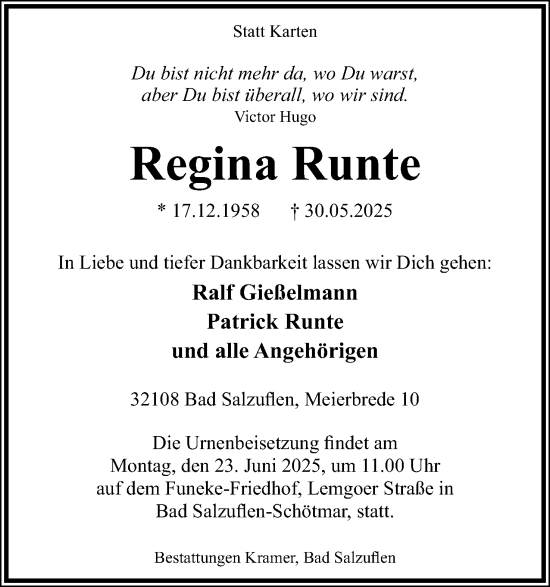 Anzeige  Regina Runte  Lippische Landes-Zeitung