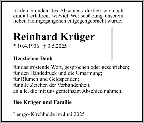 Anzeige  Reinhard Krüger  Lippische Landes-Zeitung