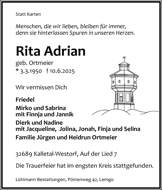 Anzeige  Rita Adrian  Lippische Landes-Zeitung