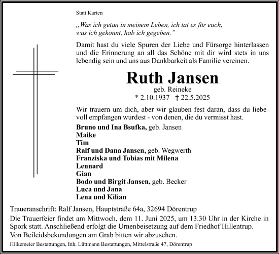 Anzeige  Ruth Jansen  Lippische Landes-Zeitung