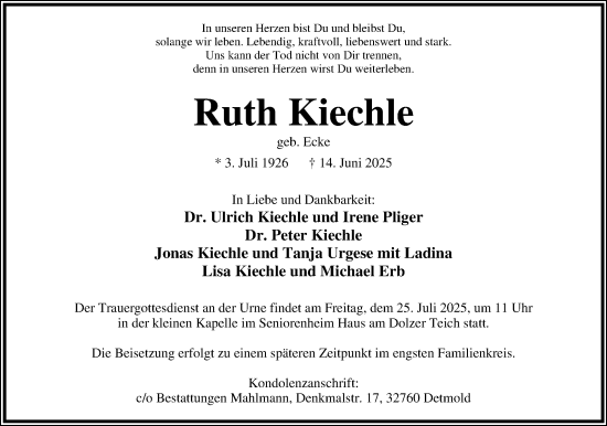 Anzeige  Ruth Kiechle  Lippische Landes-Zeitung
