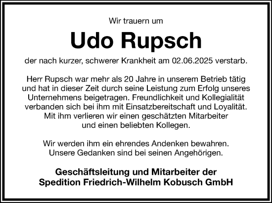 Anzeige  Udo Rupsch  Lippische Landes-Zeitung