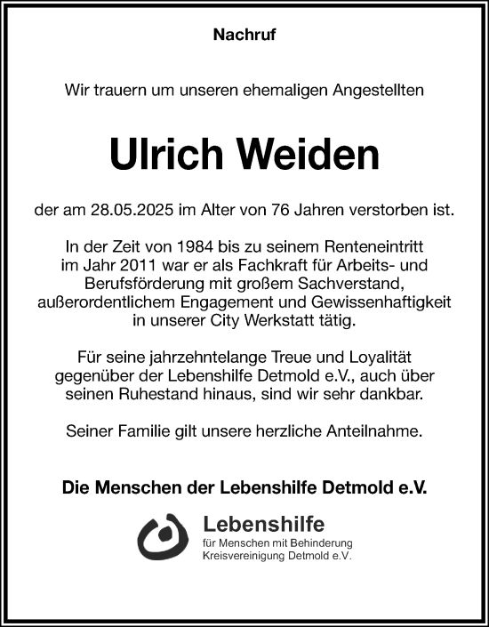 Anzeige  Ulrich Weiden  Lippische Landes-Zeitung