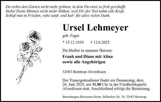 Anzeige  Ursel Lehmeyer  Lippische Landes-Zeitung