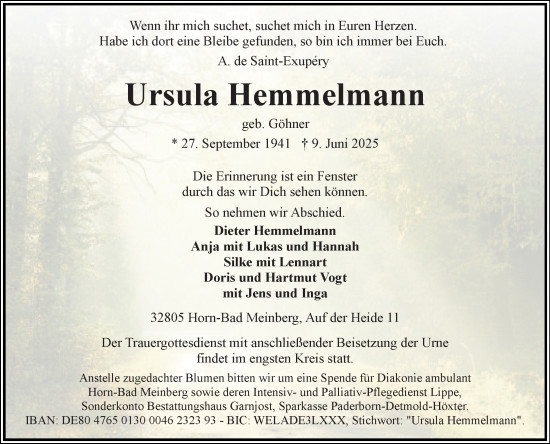 Anzeige  Ursula Hemmelmann  Lippische Landes-Zeitung