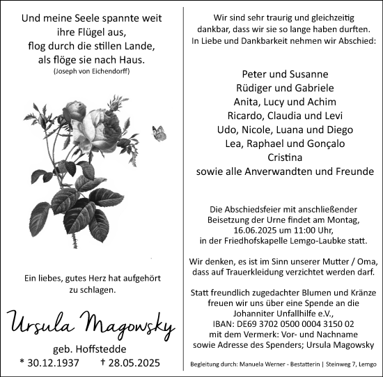 Anzeige  Ursula Magowsky  Lippische Landes-Zeitung