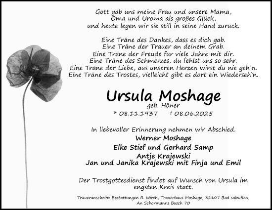 Anzeige  Ursula Moshage  Lippische Landes-Zeitung