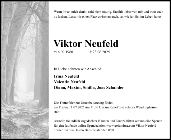 Anzeige  Viktor Neufeld  Lippische Landes-Zeitung