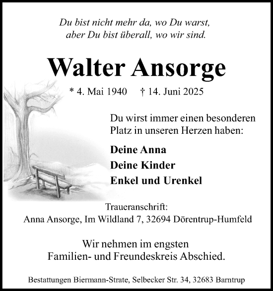 Anzeige  Walter Ansorge  Lippische Landes-Zeitung