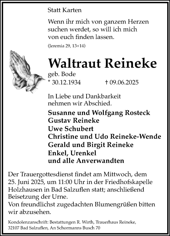 Anzeige  Waltraut Reineke  Lippische Landes-Zeitung