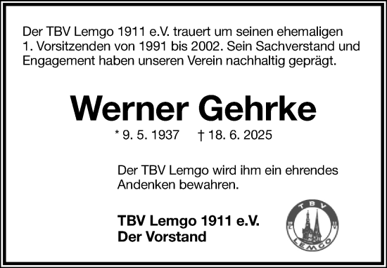 Anzeige  Werner Gehrke  Lippische Landes-Zeitung