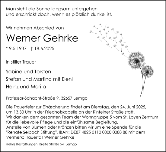 Anzeige  Werner Gehrke  Lippische Landes-Zeitung