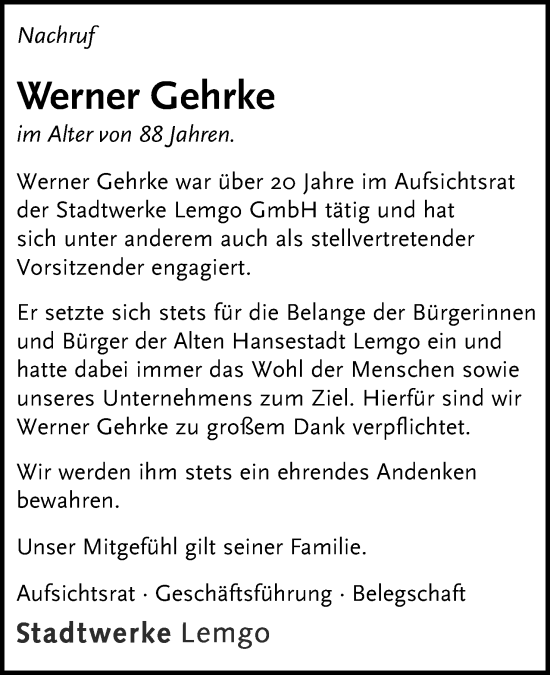 Anzeige  Werner Gehrke  Lippische Landes-Zeitung