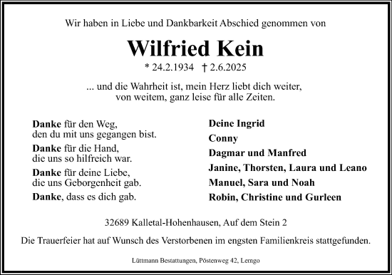 Anzeige  Wilfried Kein  Lippische Landes-Zeitung