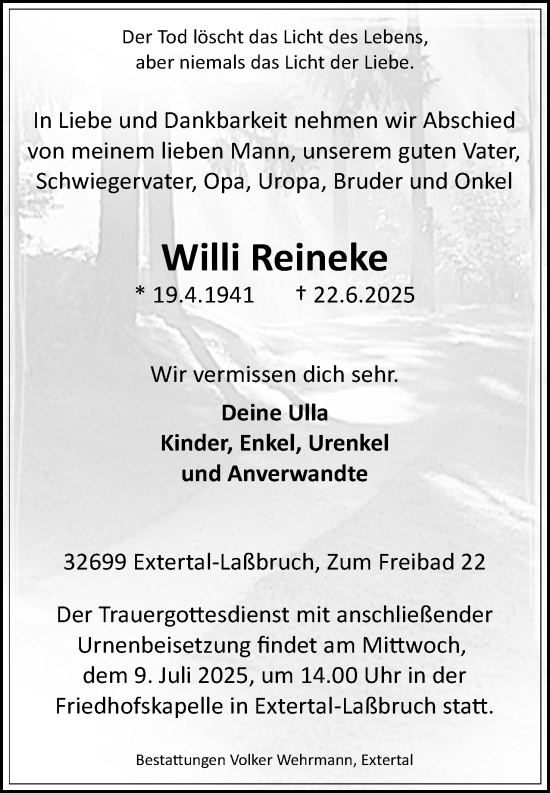Anzeige  Willi Reineke  Lippische Landes-Zeitung