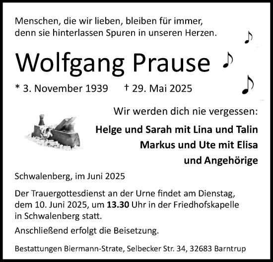 Anzeige  Wolfgang Prause  Lippische Landes-Zeitung