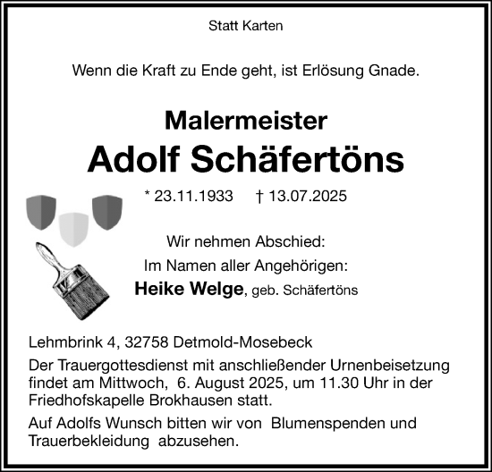 Anzeige  Adolf Schäfertöns  Lippische Landes-Zeitung