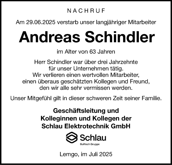 Anzeige  Andreas Schindler  Lippische Landes-Zeitung