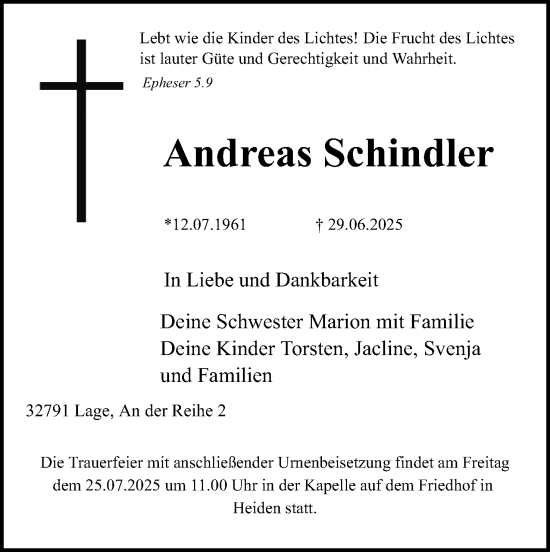Anzeige  Andreas Schindler  Lippische Landes-Zeitung