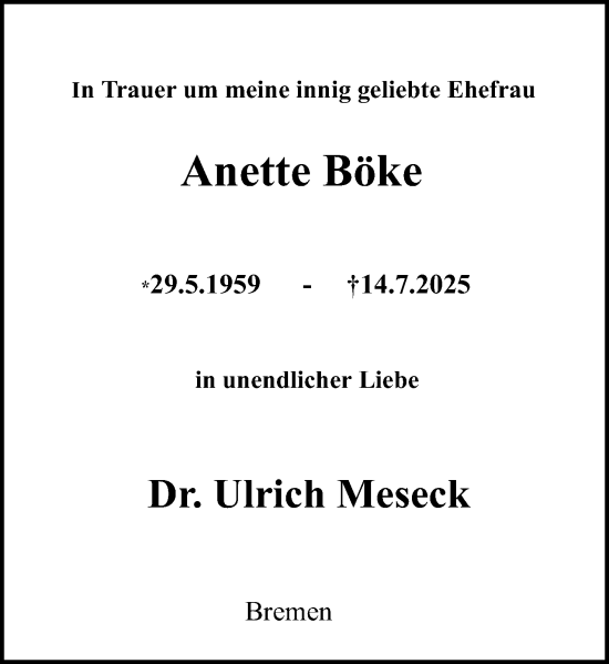 Anzeige  Anette Böke  Lippische Landes-Zeitung
