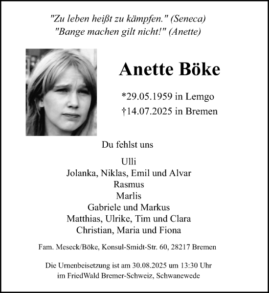 Anzeige  Anette Böke  Lippische Landes-Zeitung