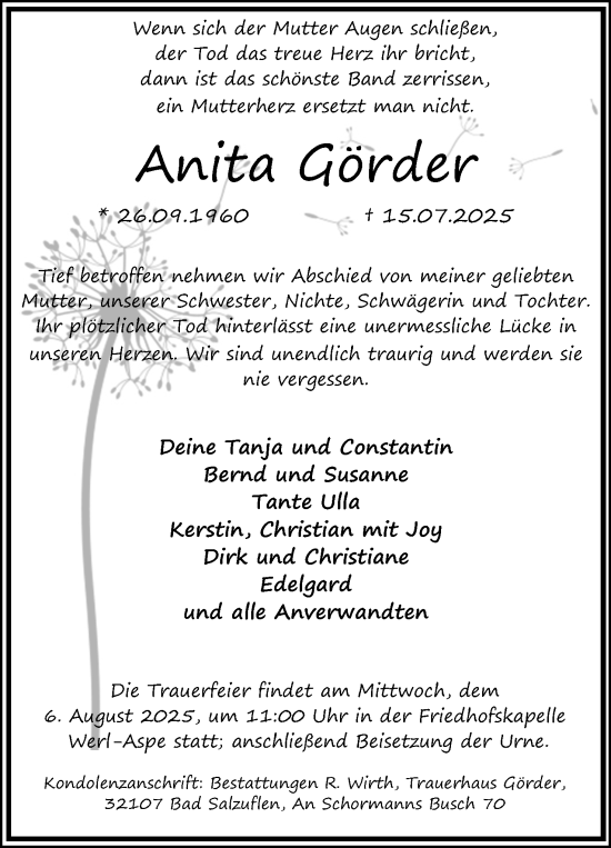Anzeige  Anita Görder  Lippische Landes-Zeitung