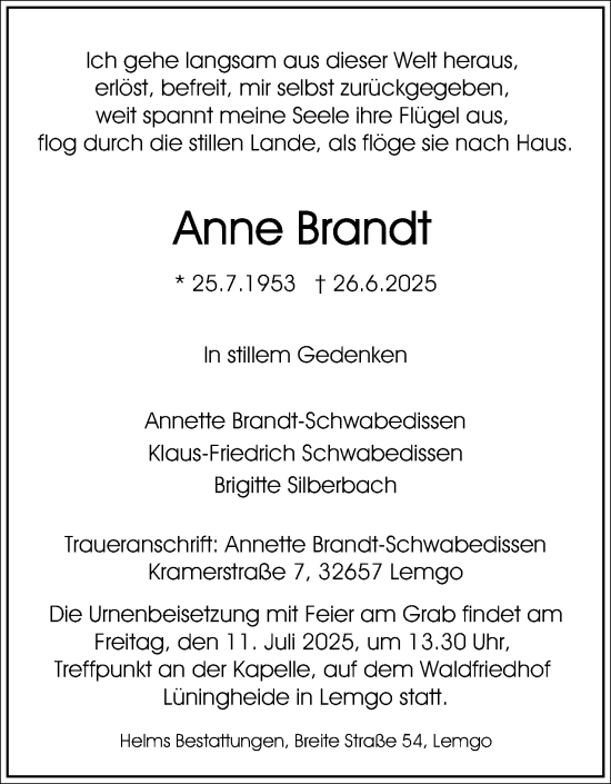 Anzeige  Anne Brandt  Lippische Landes-Zeitung