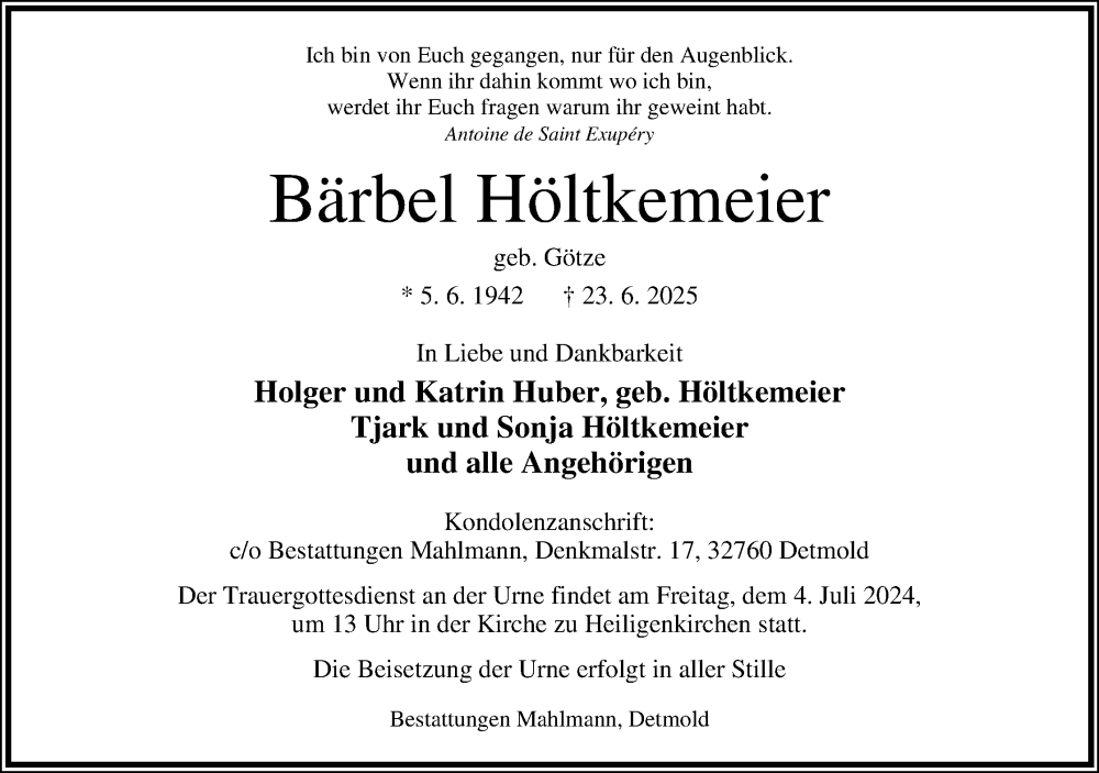  Traueranzeige für Bärbel Höltkemeier vom 28.06.2025 aus Lippische Landes-Zeitung