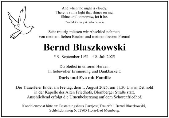 Anzeige  Bernd Blaszkowski  Lippische Landes-Zeitung