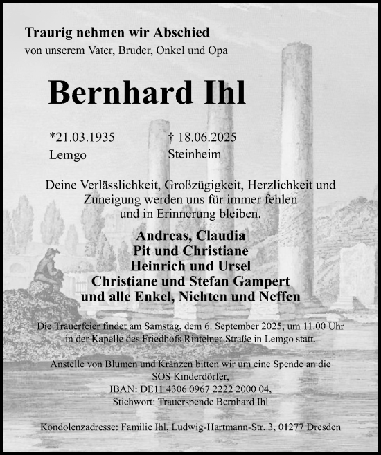 Anzeige  Bernhard Ihl  Lippische Landes-Zeitung