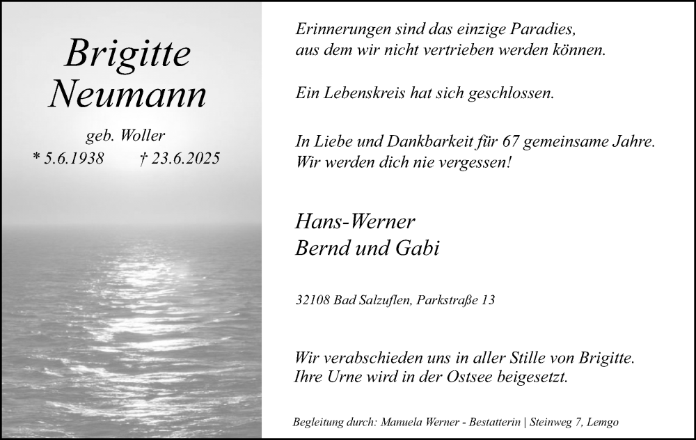  Traueranzeige für Brigitte Neumann vom 28.06.2025 aus Lippische Landes-Zeitung