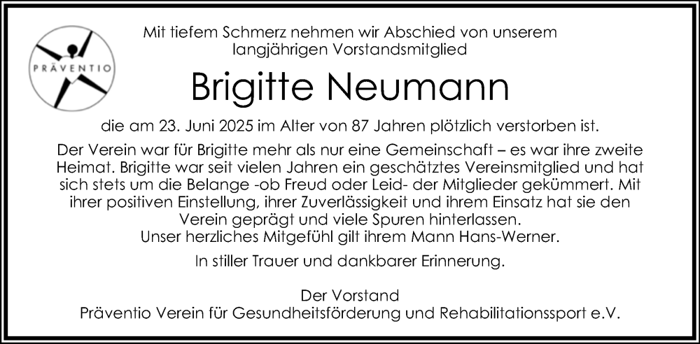  Traueranzeige für Brigitte Neumann vom 05.07.2025 aus Lippische Landes-Zeitung