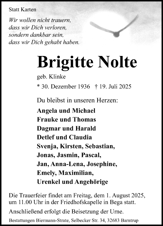 Anzeige  Brigitte Nolte  Lippische Landes-Zeitung