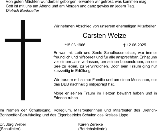 Anzeige  Carsten Welzel  Lippische Landes-Zeitung