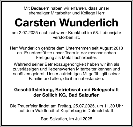Anzeige  Carsten Wunderlich  Lippische Landes-Zeitung