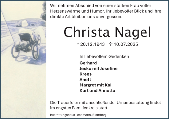 Anzeige  Christa Nagel  Lippische Landes-Zeitung