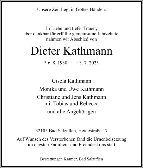 Anzeige  Dieter Kathmann  Lippische Landes-Zeitung