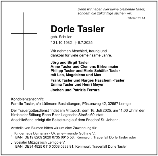 Anzeige  Dorle Tasler  Lippische Landes-Zeitung