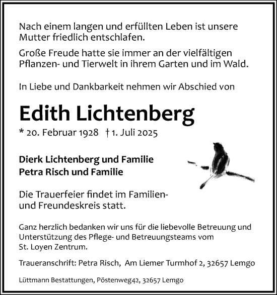 Anzeige  Edith Lichtenberg  Lippische Landes-Zeitung