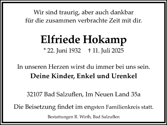 Anzeige  Elfriede Hokamp  Lippische Landes-Zeitung