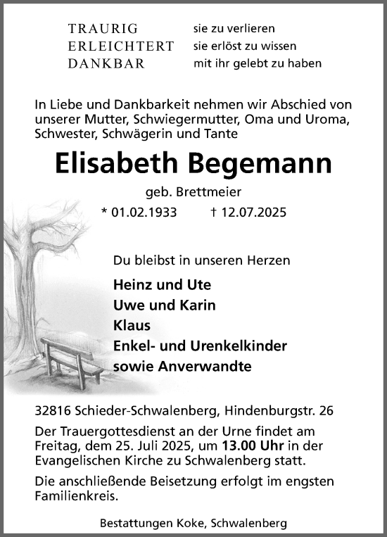 Anzeige  Elisabeth Begemann  Lippische Landes-Zeitung