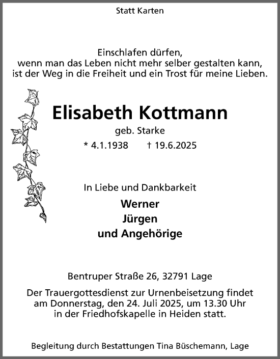 Anzeige  Elisabeth Kottmann  Lippische Landes-Zeitung