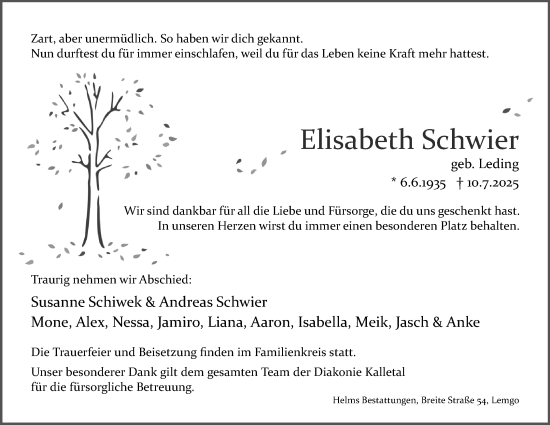 Anzeige  Elisabeth Schwier  Lippische Landes-Zeitung
