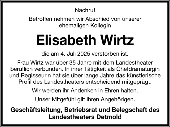 Anzeige  Elisabeth Wirtz  Lippische Landes-Zeitung